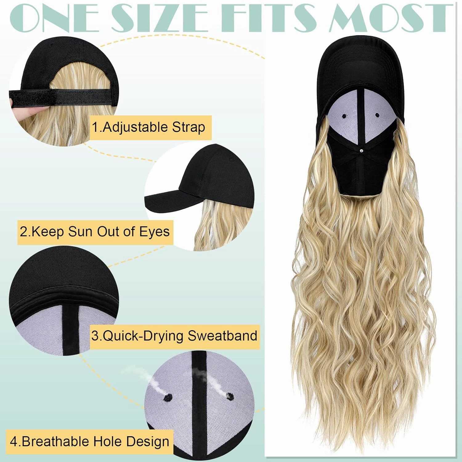 Hat Wig for Women Baseball Cap with Hair Extensions Adjustable Hat Attached 24" Long Wavy Hairpieces Synthetic Wig Ash Blonde Mix Bleach Blonde