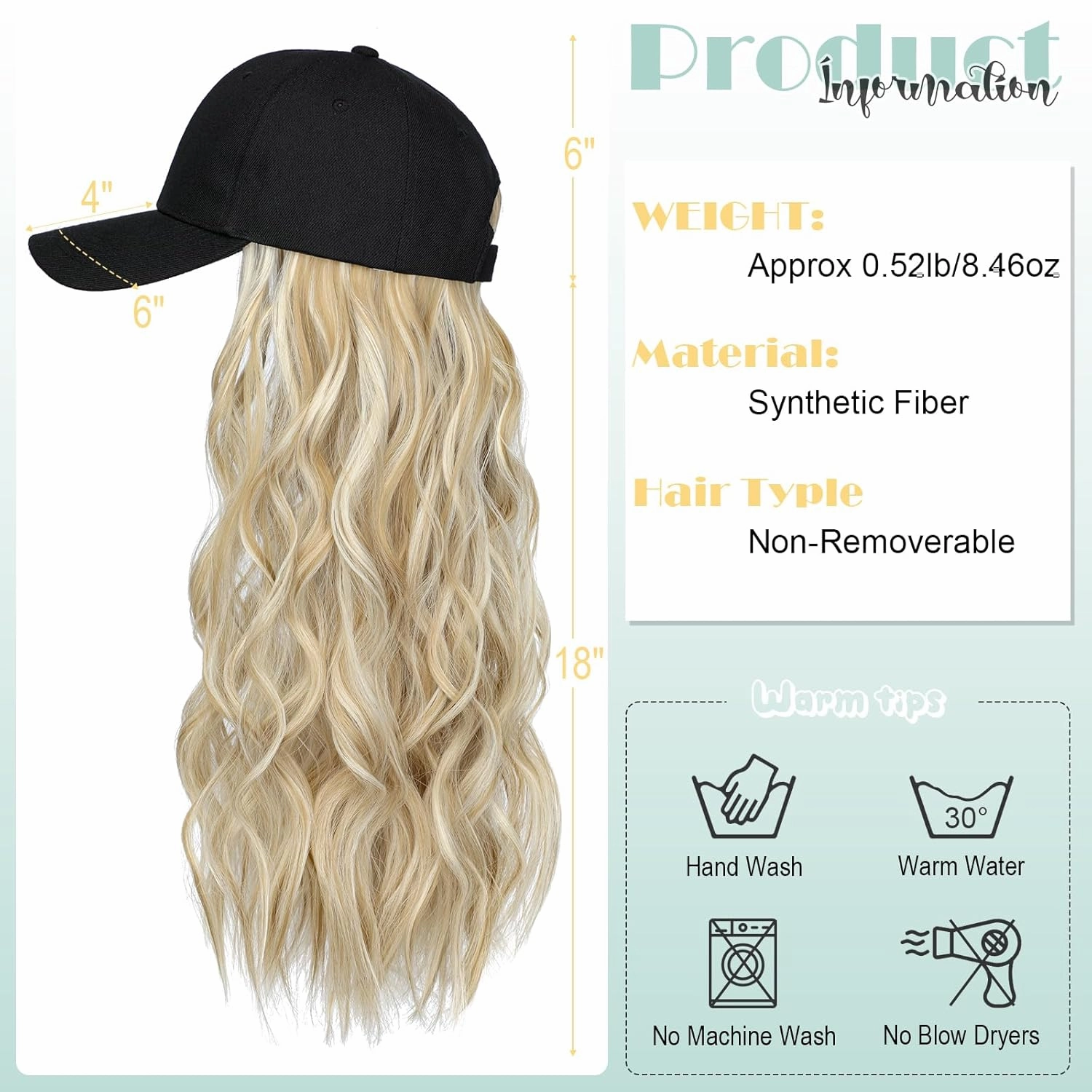 Hat Wig for Women Baseball Cap with Hair Extensions Adjustable Hat Attached 24" Long Wavy Hairpieces Synthetic Wig Ash Blonde Mix Bleach Blonde