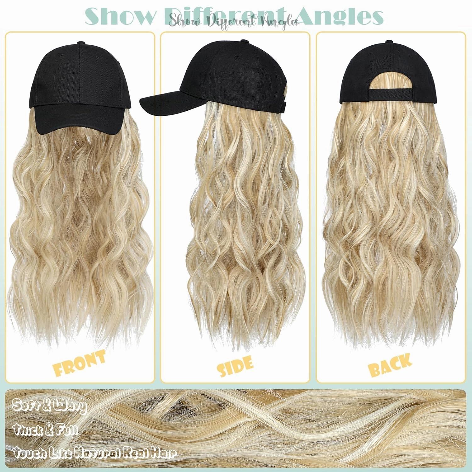 Hat Wig for Women Baseball Cap with Hair Extensions Adjustable Hat Attached 24" Long Wavy Hairpieces Synthetic Wig Ash Blonde Mix Bleach Blonde