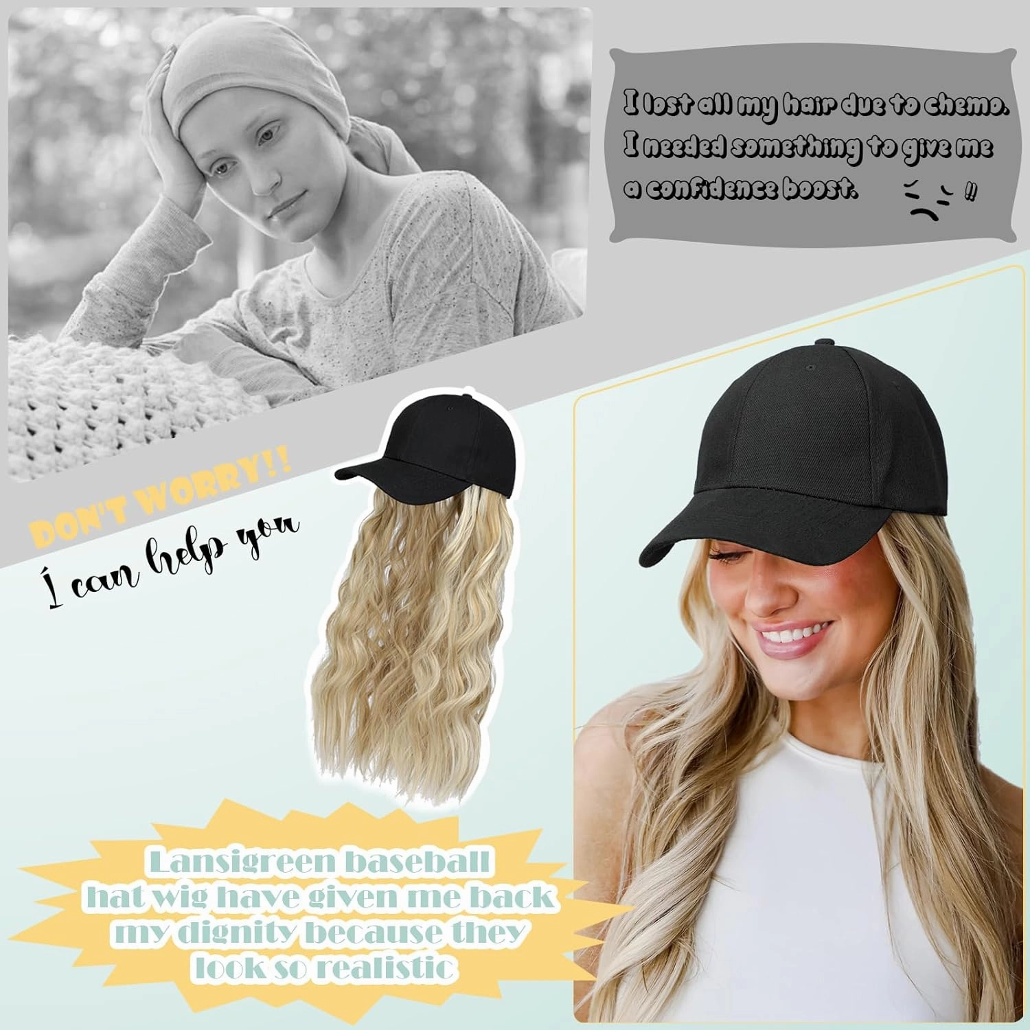 Hat Wig for Women Baseball Cap with Hair Extensions Adjustable Hat Attached 24" Long Wavy Hairpieces Synthetic Wig Ash Blonde Mix Bleach Blonde
