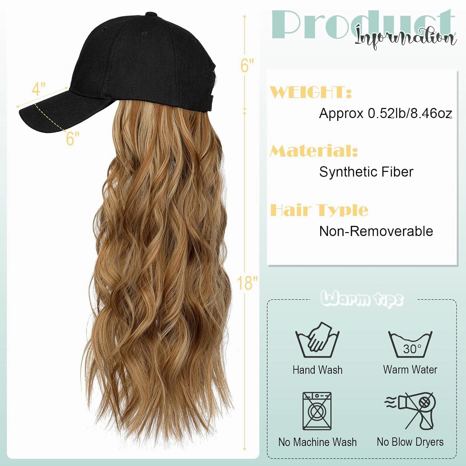 Hat Wig for Women Baseball Cap with Hair Extensions Adjustable Hat Attached 24" Long Wavy Hairpieces Synthetic Wig Ash Blonde Mix Ginger Brown