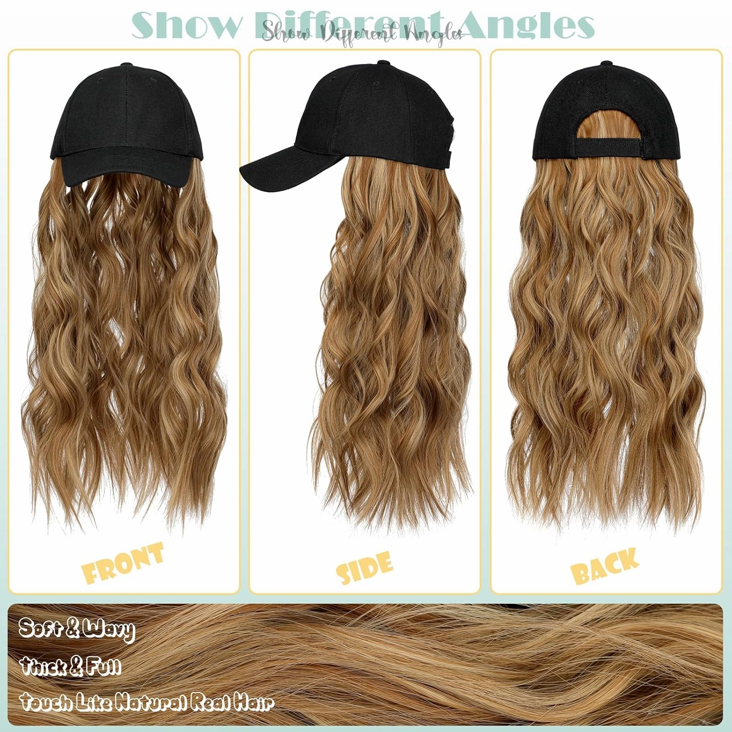 Hat Wig for Women Baseball Cap with Hair Extensions Adjustable Hat Attached 24" Long Wavy Hairpieces Synthetic Wig Ash Blonde Mix Ginger Brown