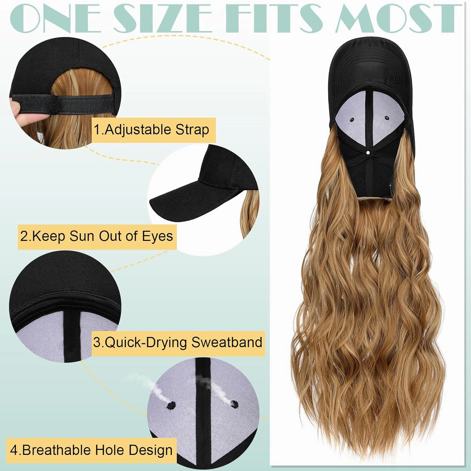 Hat Wig for Women Baseball Cap with Hair Extensions Adjustable Hat Attached 24" Long Wavy Hairpieces Synthetic Wig Ash Blonde Mix Ginger Brown