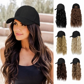 Hat Wig for Women Baseball Cap with Hair Extensions Adjustable Hat Attached 24" Long Wavy Hairpieces Synthetic Wig Ginger Brown Mix Bleach Blonde