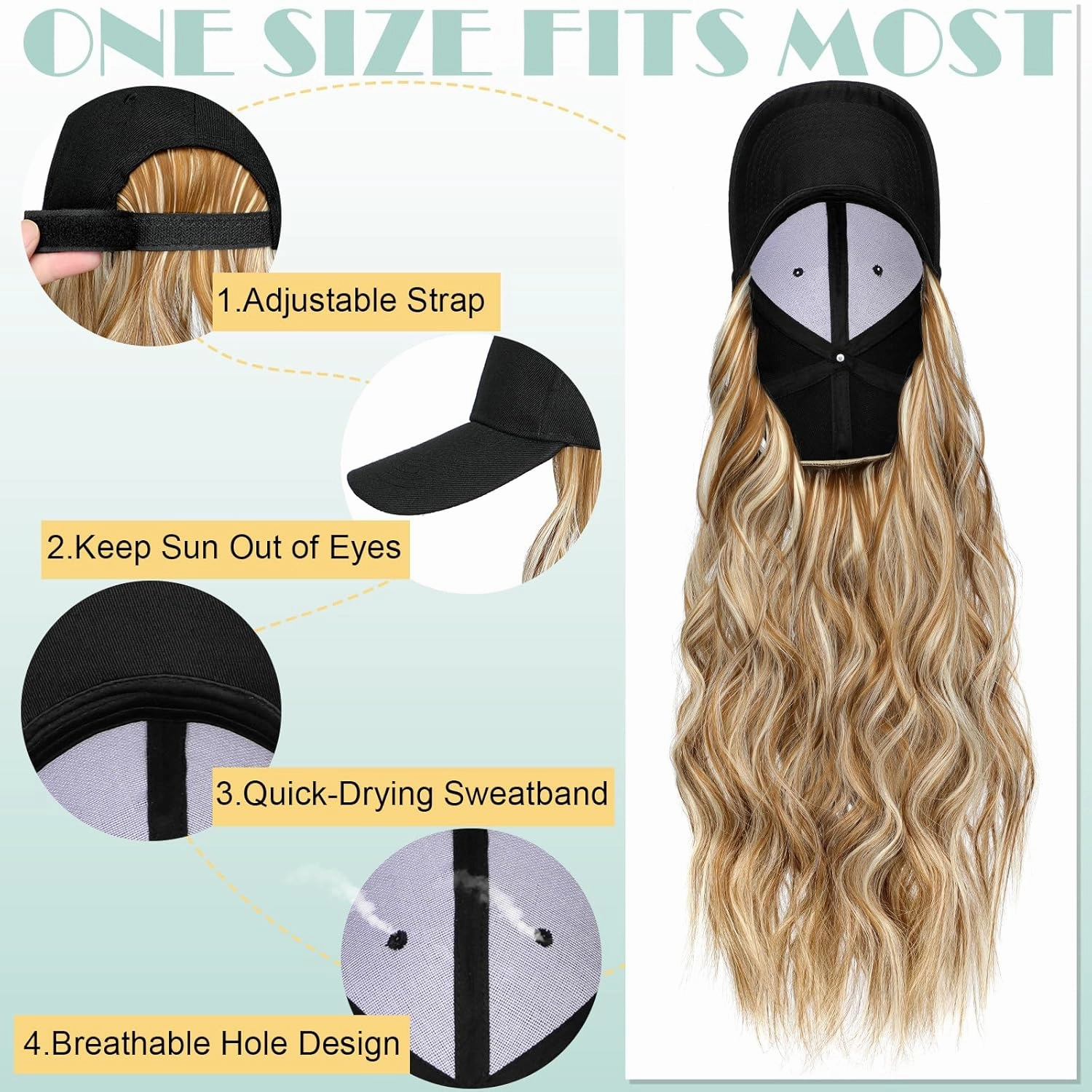 Hat Wig for Women Baseball Cap with Hair Extensions Adjustable Hat Attached 24" Long Wavy Hairpieces Synthetic Wig Ginger Brown Mix Bleach Blonde