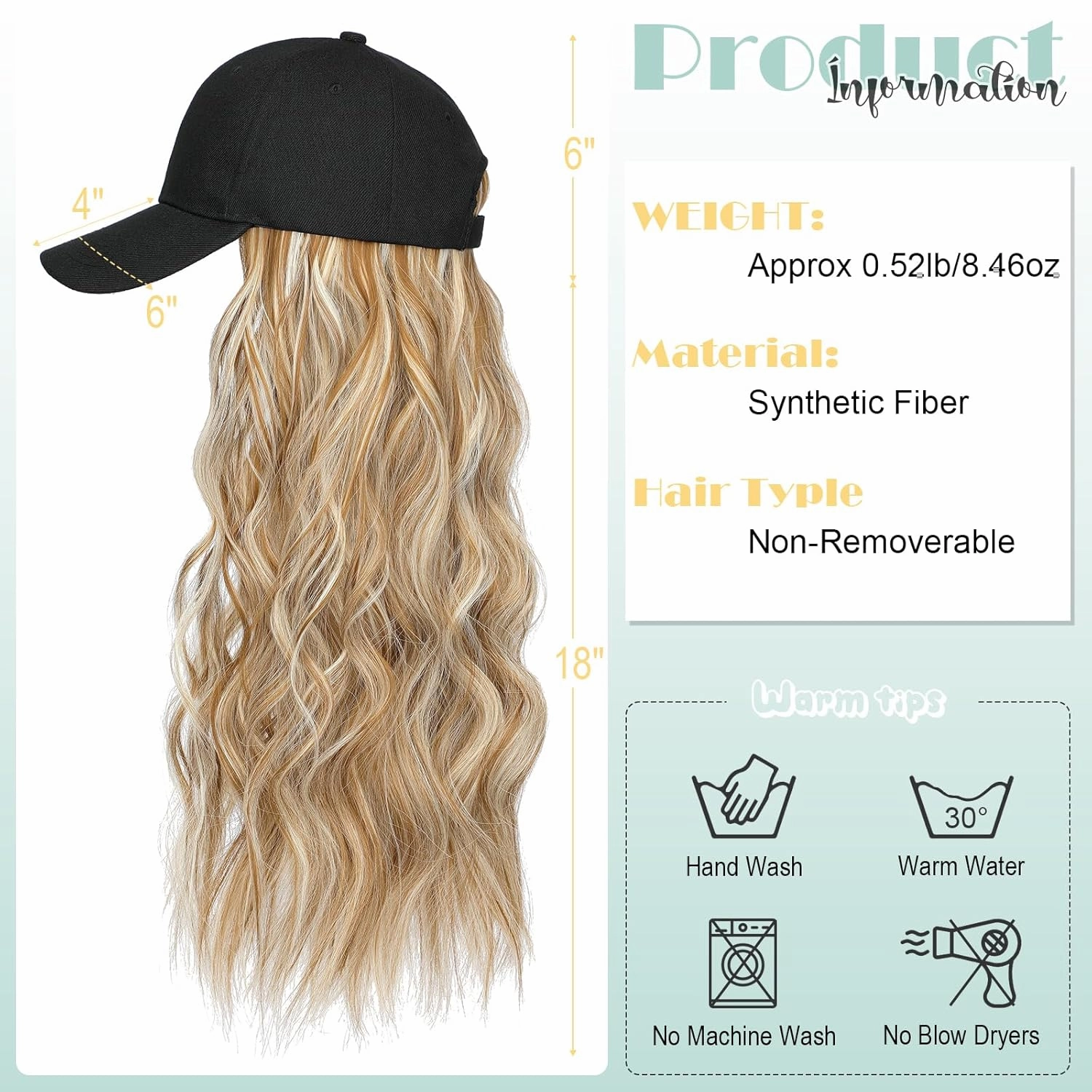 Hat Wig for Women Baseball Cap with Hair Extensions Adjustable Hat Attached 24" Long Wavy Hairpieces Synthetic Wig Ginger Brown Mix Bleach Blonde