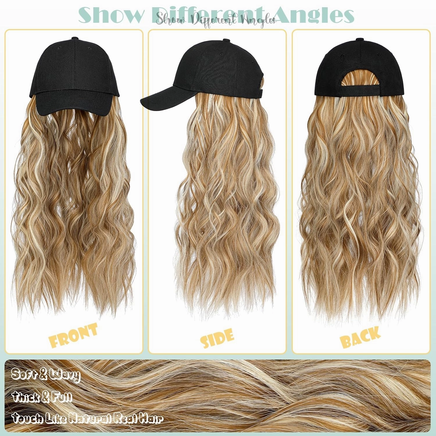Hat Wig for Women Baseball Cap with Hair Extensions Adjustable Hat Attached 24" Long Wavy Hairpieces Synthetic Wig Ginger Brown Mix Bleach Blonde