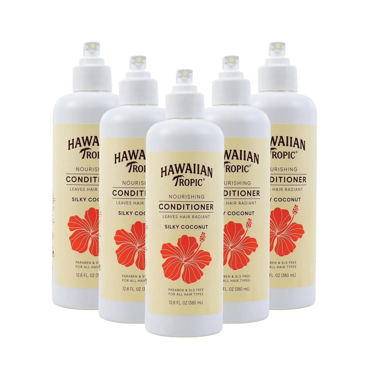 Hawaiian Tropic Nourishing Conditioner 5 Pack, 380ml Bottle, Silky Coconut Scent, SLS Free, Paraben Free, Hotel Bathroom Amenities, Bulk Size, Air Bnb, Guest Bathroom Essentials, Airbnb