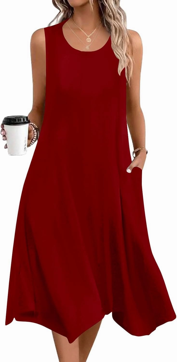 Hawaiian Dresses for Women Summer Casual Sleeveless Sundresses Fashion Hankerchief Flare Flowy Dress with Pockets