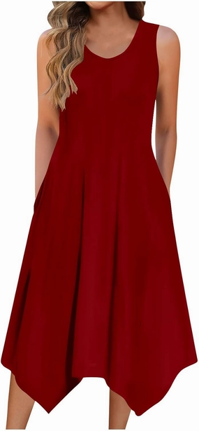 Hawaiian Dresses for Women Summer Casual Sleeveless Sundresses Fashion Hankerchief Flare Flowy Dress with Pockets