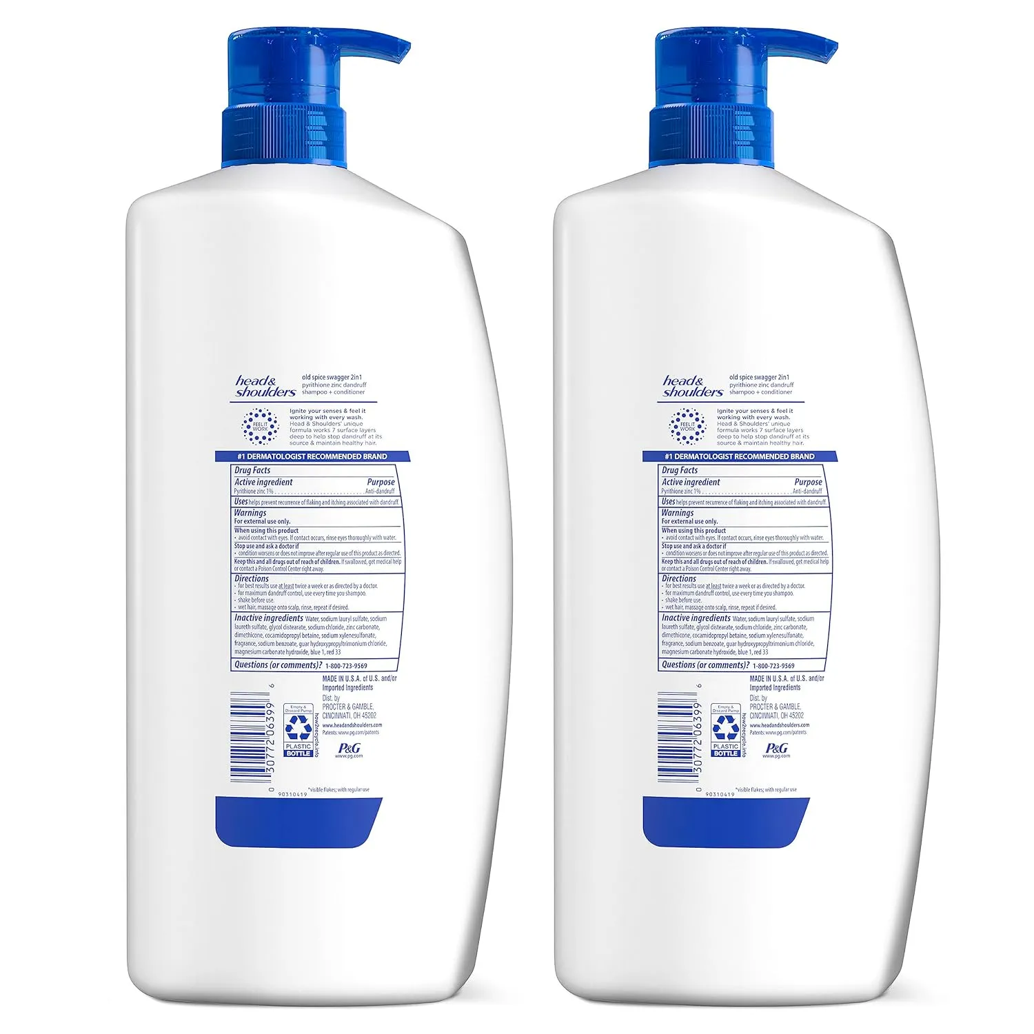 Head & Shoulders Mens 2 in 1 Dandruff Shampoo and Conditioner, Anti-Dandruff Treatment, Old Spice Swagger for Daily Use, Paraben Free, 31.4oz, 2 PACK