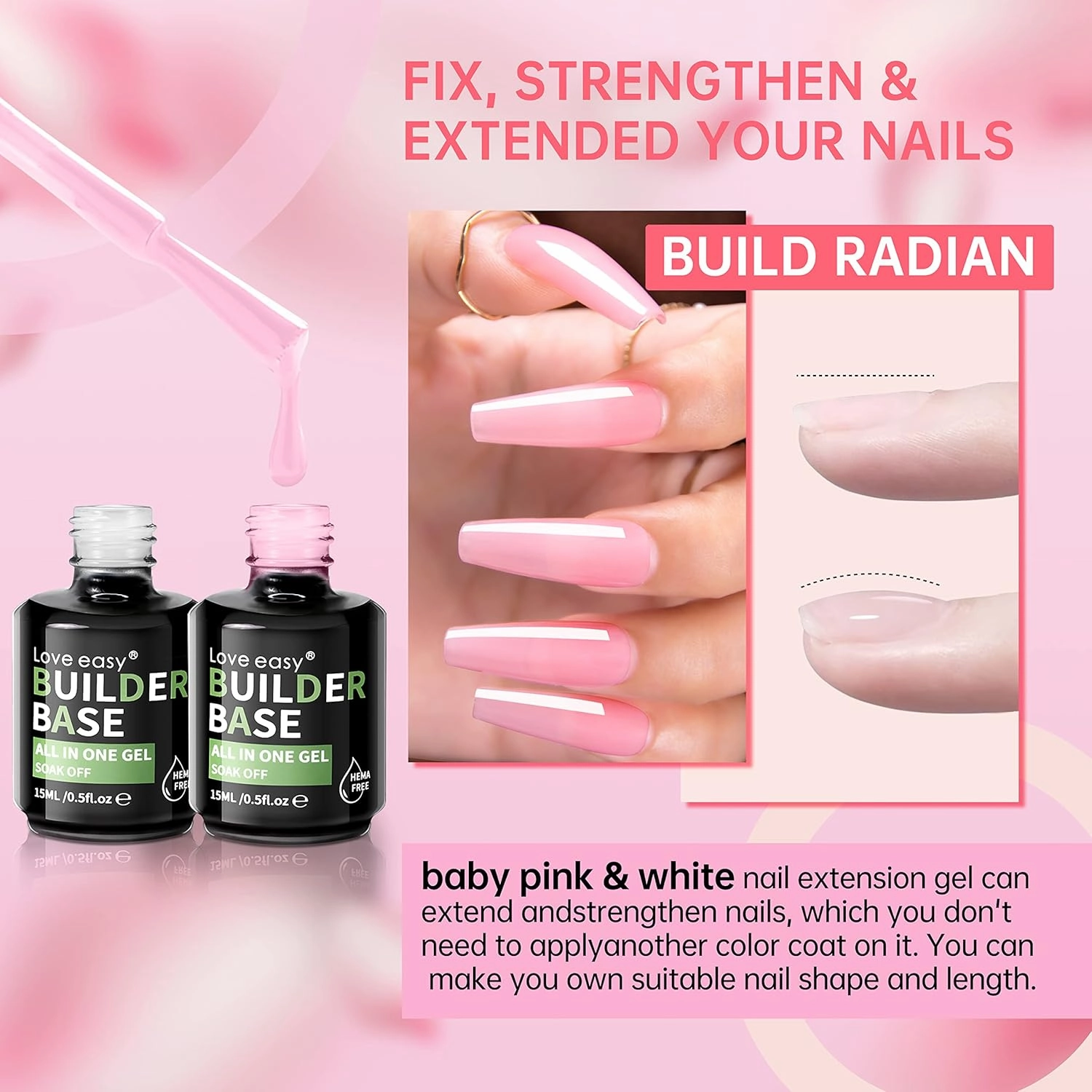 Hema Free Builder Gel (Milky White  Baby Pink) - Hypoallergenic Strong Base Coat | Long-Lasting Adhesion (30  Days) for Professional Nails Gift for Women