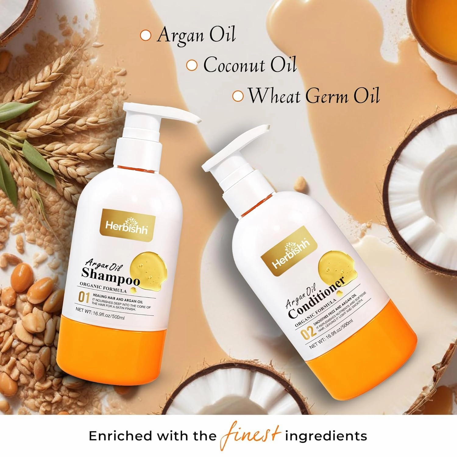 Herbishh Argan Hair Mask (150ml)   Argan Oil Shampoo & Conditioner (16.9 fl.oz Each) Hair Care Set – Deep Cleansing & Hydration, Ideal for Repairing Dry, Frizzy & Colored Hair – Sulfate & Paraben Free