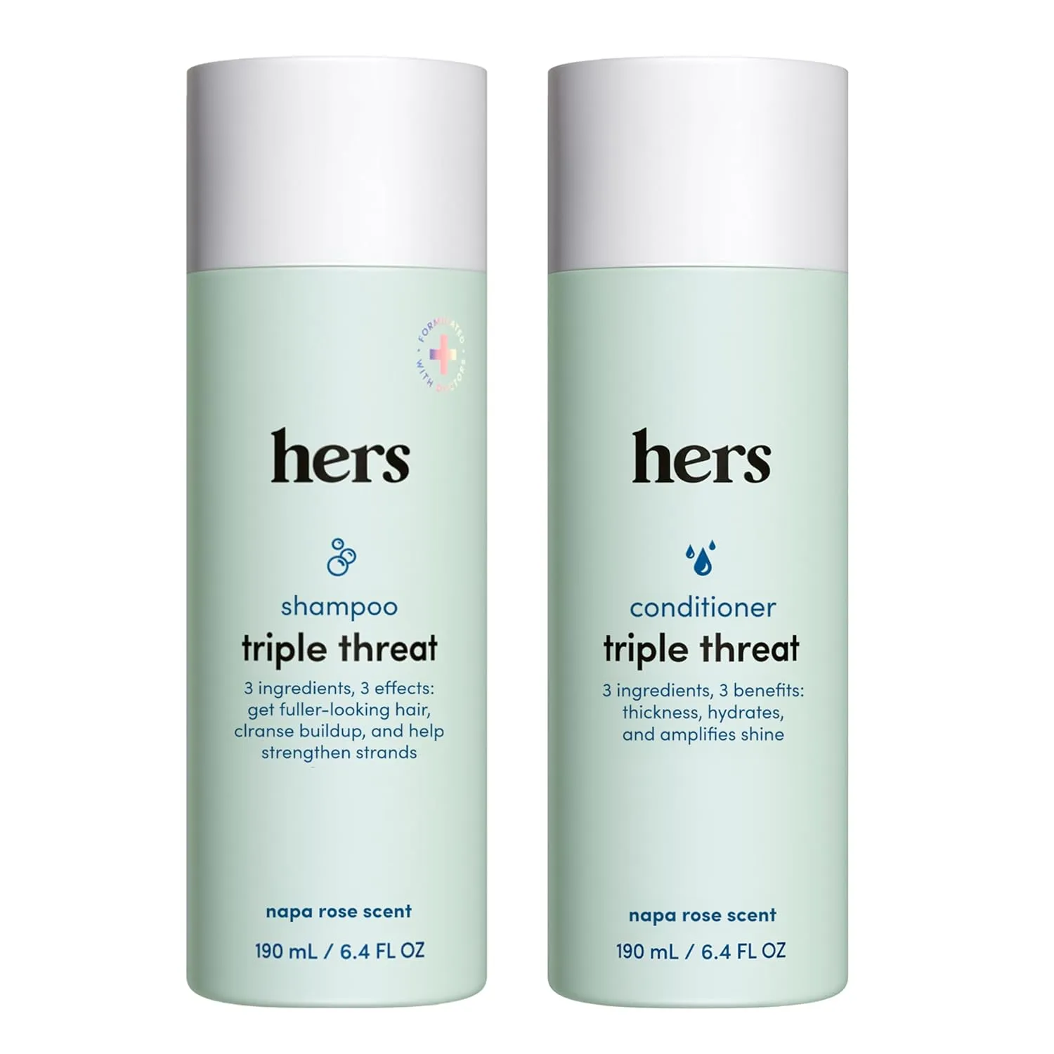 hers Triple Threat Shampoo and Conditioner Set for Women - Thickening, Moisturizing, Reduces Shedding - Color Safe Hair Loss Shampoo and Conditioner - Napa Rose - 2 x 6.4 fl oz