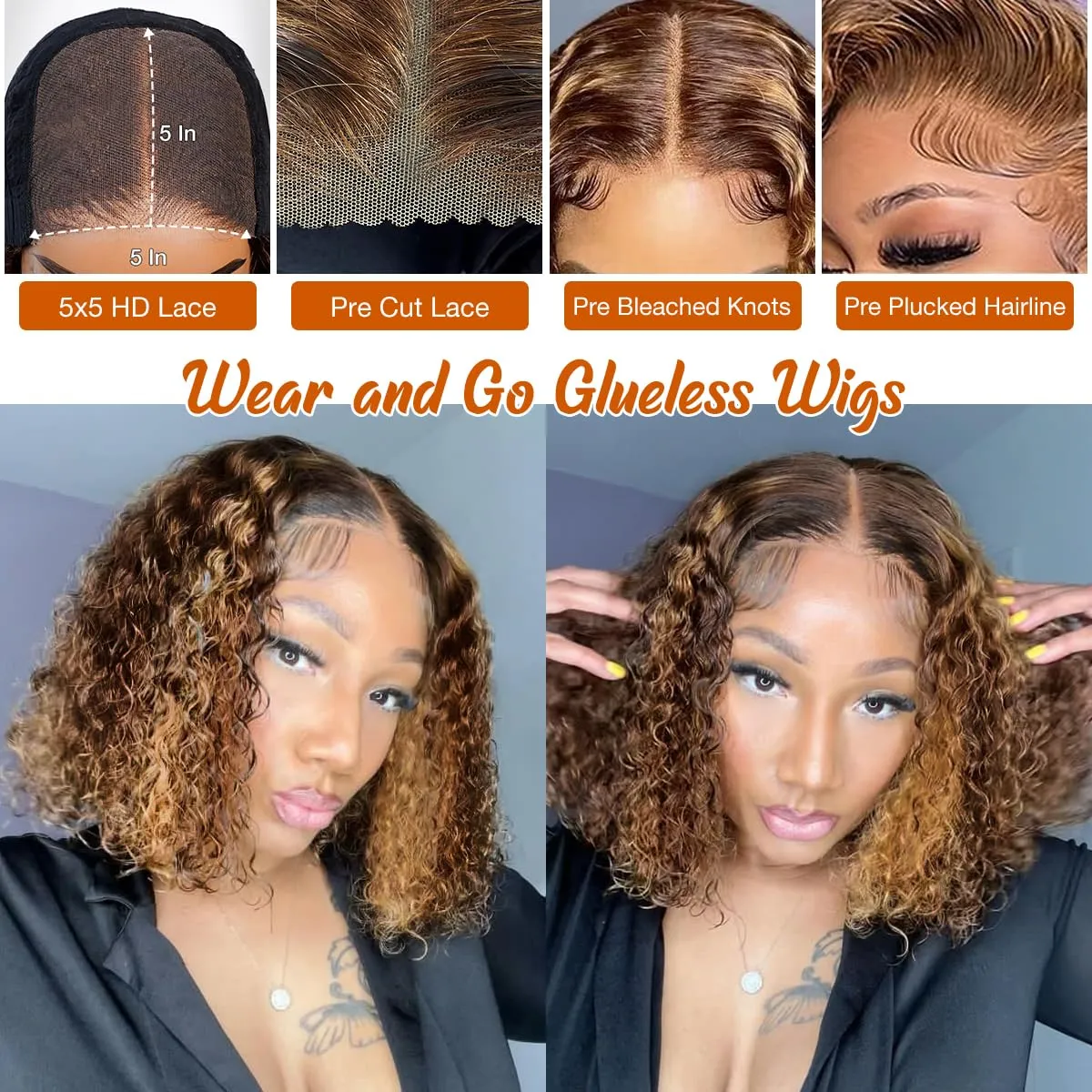 Highlight Glueless Bob Wigs Human Hair Pre Plucked Pre Cut P4/27 Honey Blonde Curly Human Hair Wig for Black Women Ombre Deep Wave 5x5 HD Lace Closure Wigs with Elastic Band