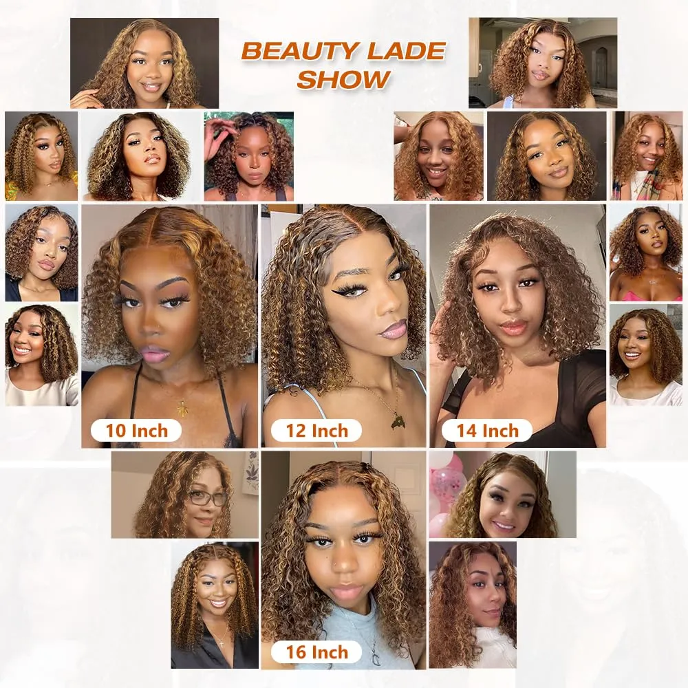 Highlight Glueless Bob Wigs Human Hair Pre Plucked Pre Cut P4/27 Honey Blonde Curly Human Hair Wig for Black Women Ombre Deep Wave 5x5 HD Lace Closure Wigs with Elastic Band