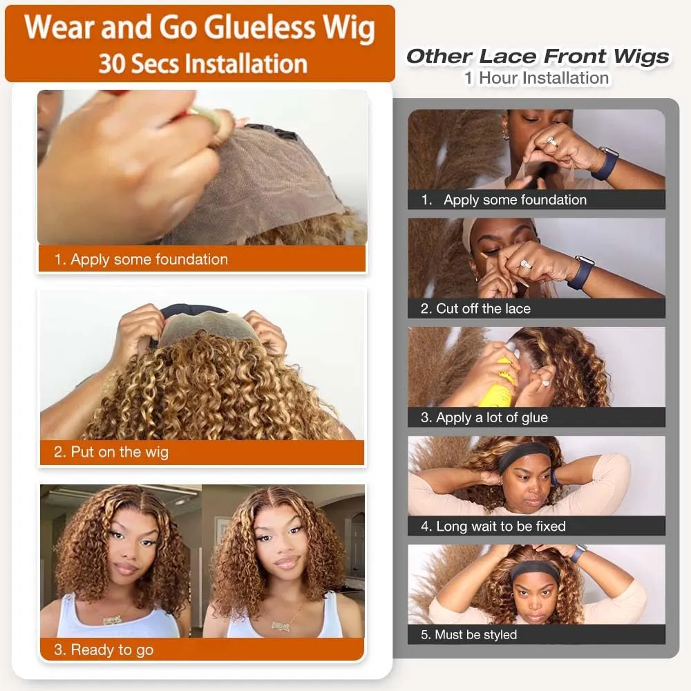 Highlight Glueless Bob Wigs Human Hair Pre Plucked Pre Cut P4/27 Honey Blonde Curly Human Hair Wig for Black Women Ombre Deep Wave 5x5 HD Lace Closure Wigs with Elastic Band