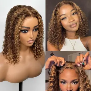 Highlight Glueless Bob Wigs Human Hair Pre Plucked Pre Cut P4/27 Honey Blonde Curly Human Hair Wig for Black Women Ombre Deep Wave 5x5 HD Lace Closure Wigs with Elastic Band