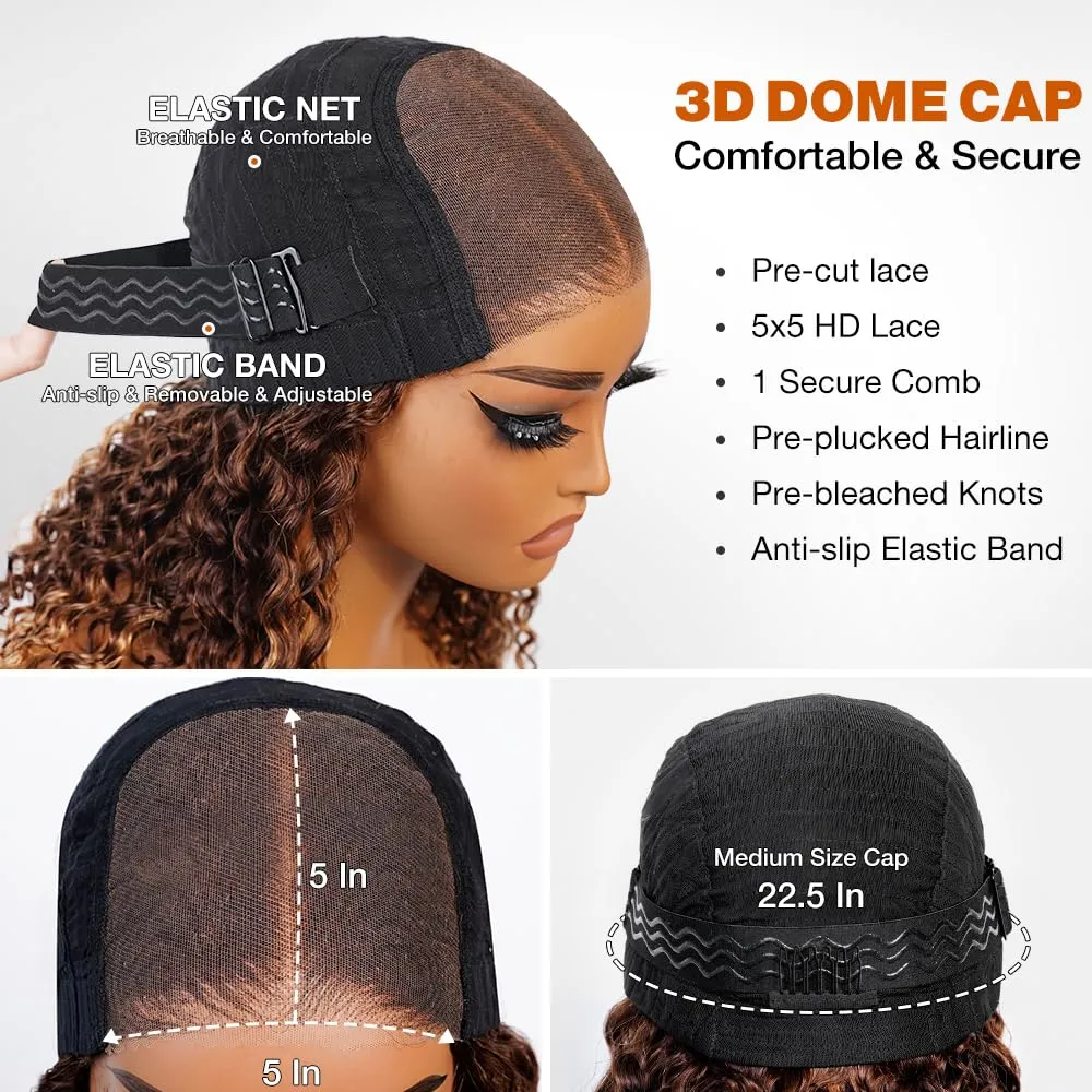 Highlight Glueless Bob Wigs Human Hair Pre Plucked Pre Cut P4/27 Honey Blonde Curly Human Hair Wig for Black Women Ombre Deep Wave 5x5 HD Lace Closure Wigs with Elastic Band