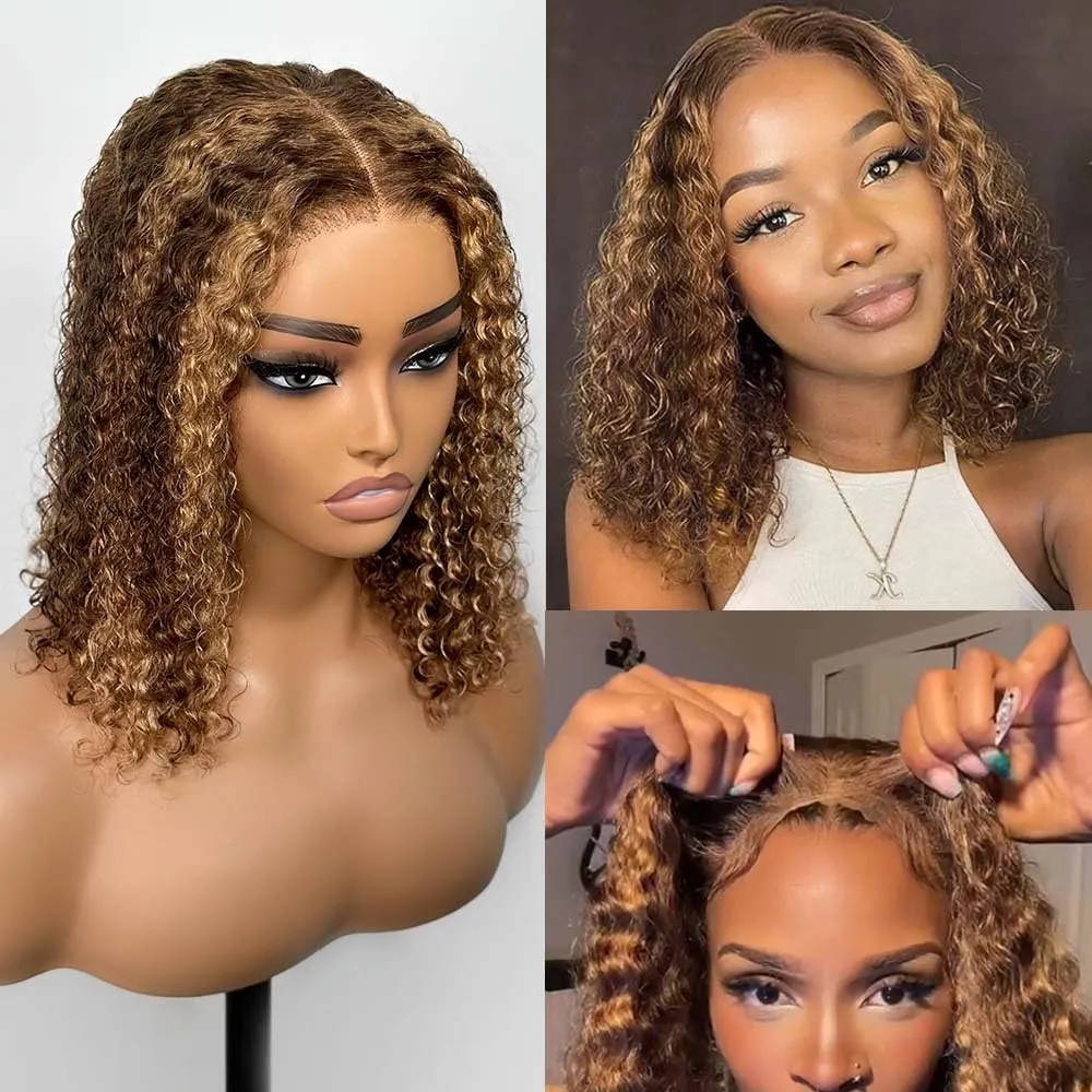 Highlight Glueless Bob Wigs Human Hair Pre Plucked Pre Cut P4/27 Honey Blonde Curly Human Hair Wig for Black Women Ombre Deep Wave 5x5 HD Lace Closure Wigs with Elastic Band