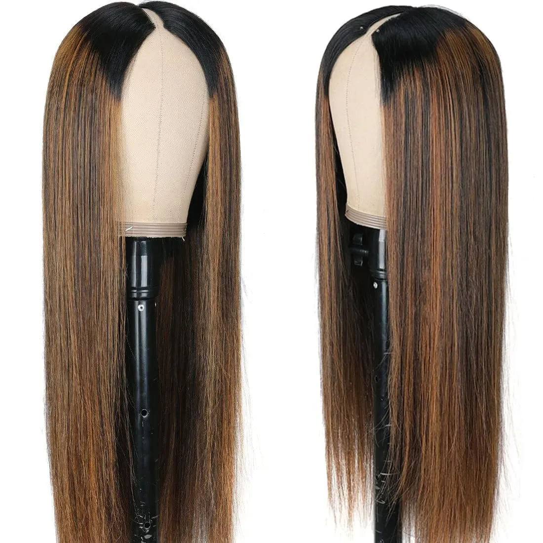 Highlight V Part Wigs Human Hair Straight Brazilian Virgin Human Hair Wigs Ombre Brown Upgrade U Part Wigs 180% Density Glueless Full Head Clip In Half Wigs 22inch #FB30