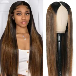 Highlight V Part Wigs Human Hair Straight Brazilian Virgin Human Hair Wigs Ombre Brown Upgrade U Part Wigs 180% Density Glueless Full Head Clip In Half Wigs 22inch #FB30