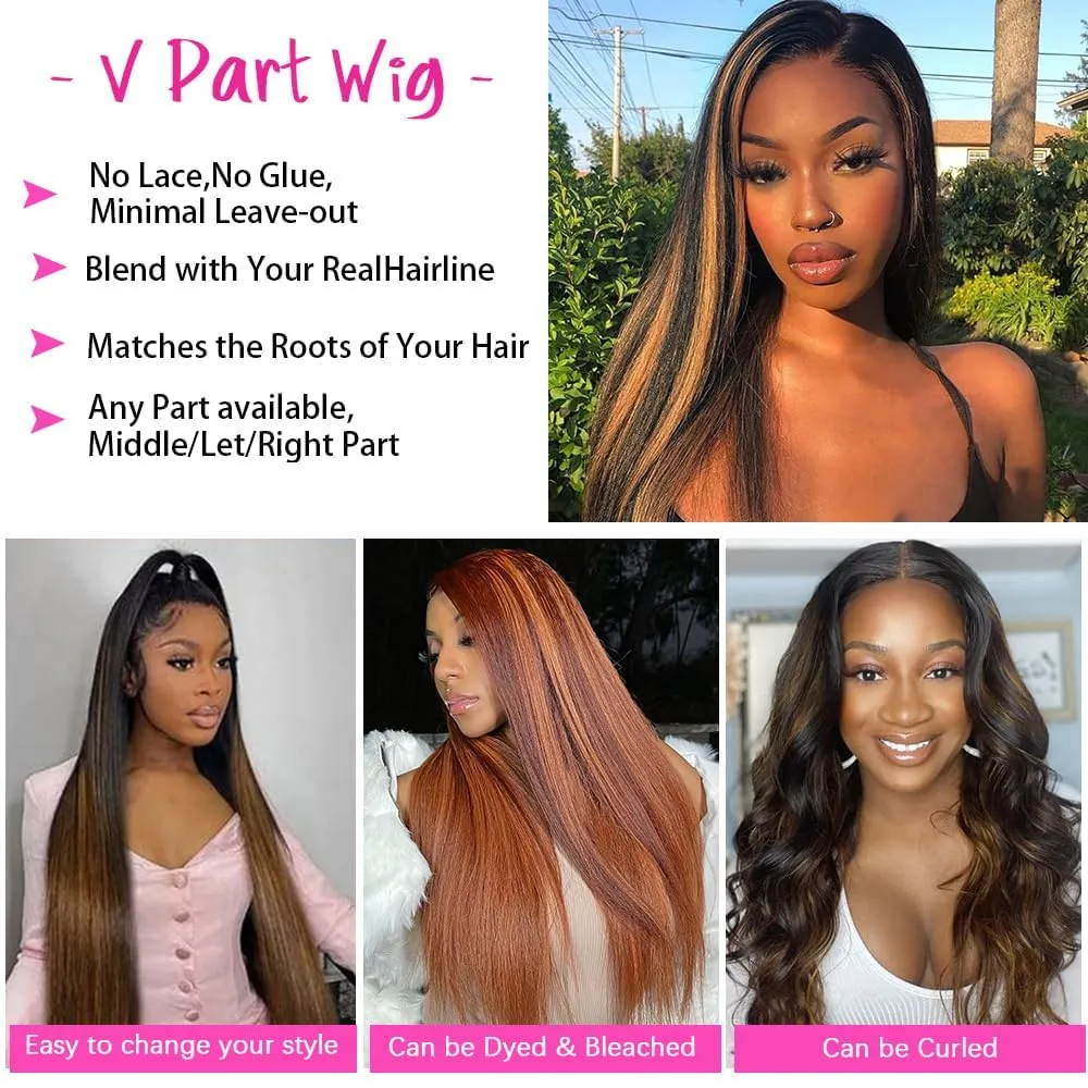 Highlight V Part Wigs Human Hair Straight Brazilian Virgin Human Hair Wigs Ombre Brown Upgrade U Part Wigs 180% Density Glueless Full Head Clip In Half Wigs 22inch #FB30