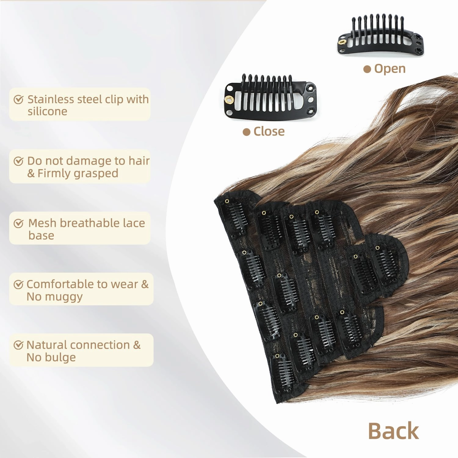 Highlight balayage dark brown Hairpieces, Natural & Blends Well Clip in Hair Extensions (16inch, 6pcs, Chocolate Brown&Honey Blonde)