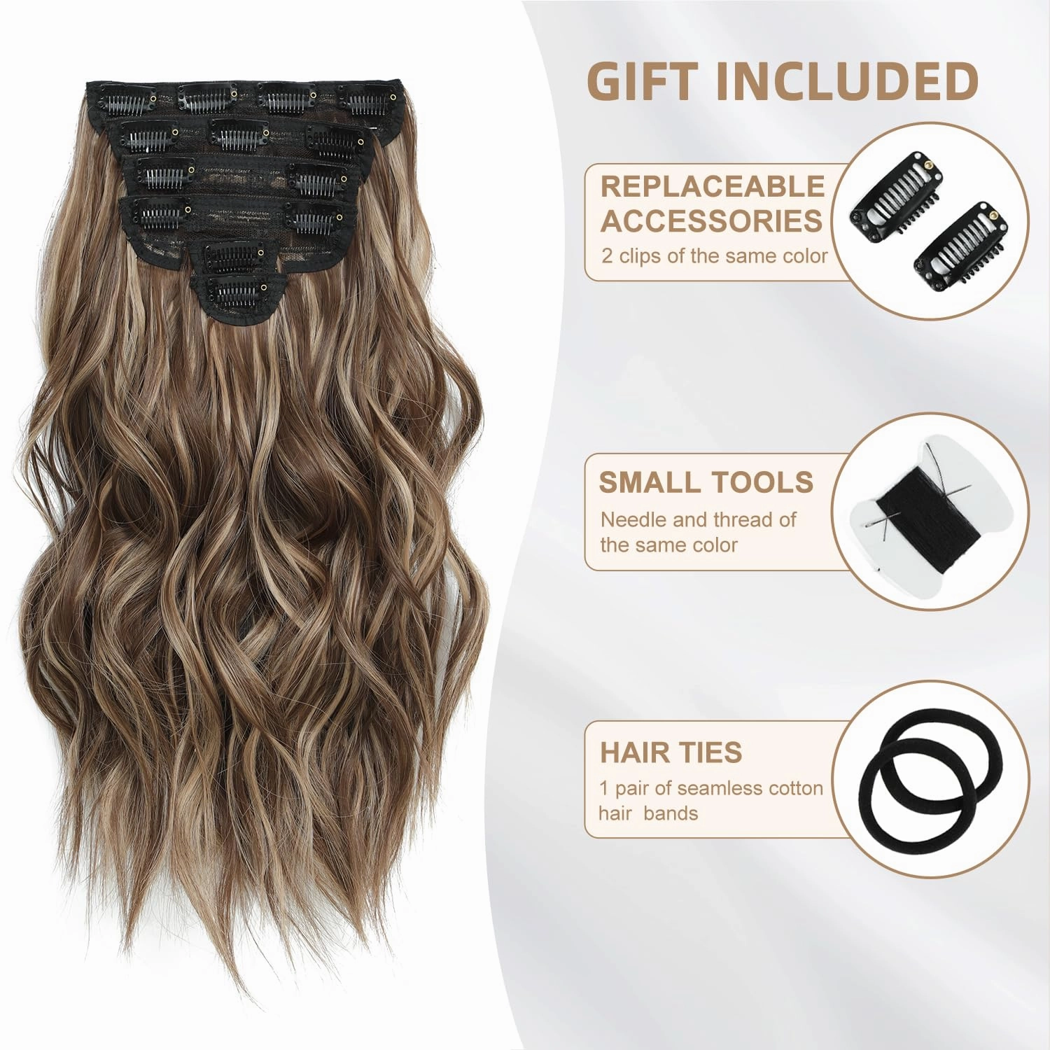 Highlight balayage dark brown Hairpieces, Natural & Blends Well Clip in Hair Extensions (16inch, 6pcs, Chocolate Brown&Honey Blonde)