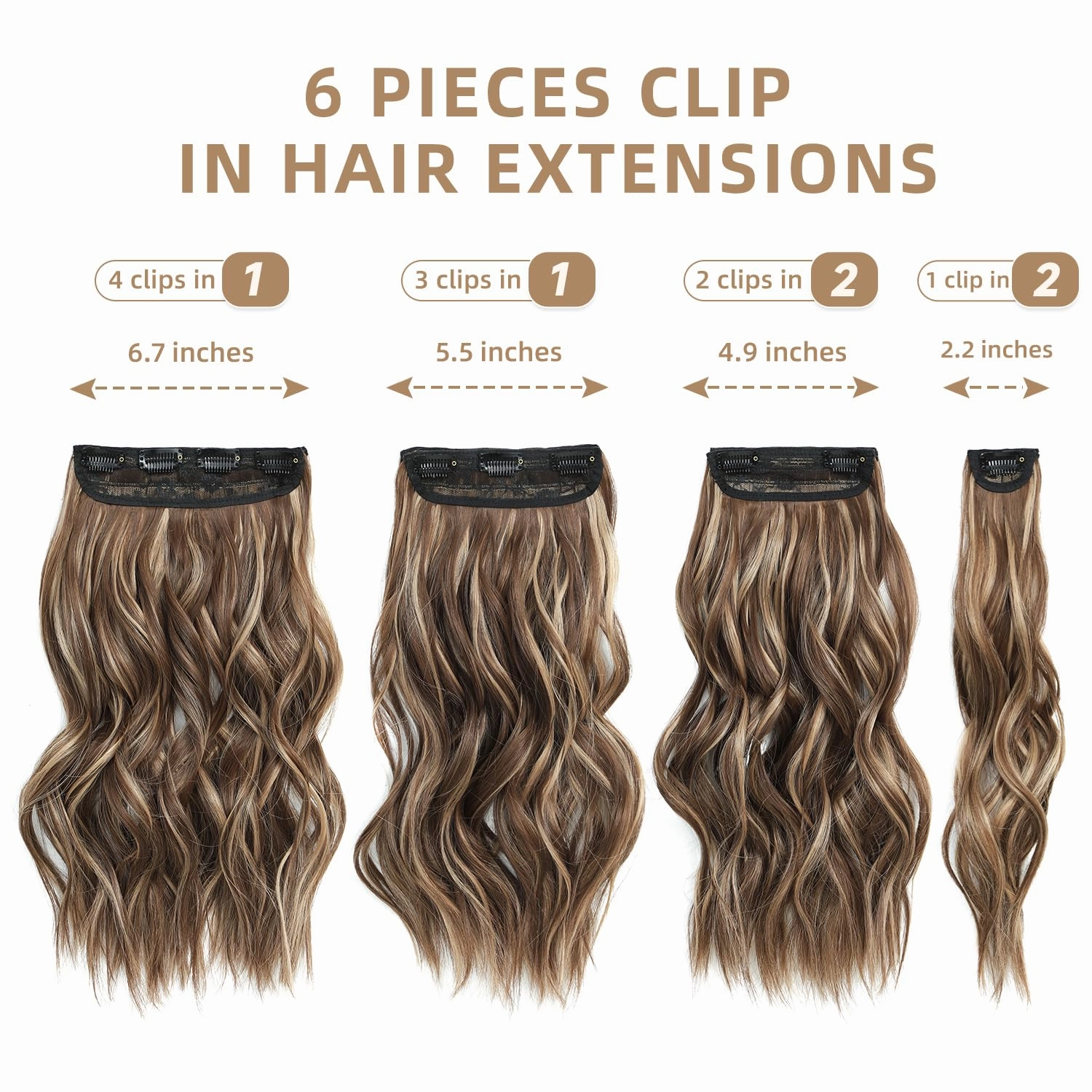 Highlight balayage dark brown Hairpieces, Natural & Blends Well Clip in Hair Extensions (16inch, 6pcs, Chocolate Brown&Honey Blonde)