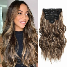Highlight balayage dark brown Hairpieces, Natural & Blends Well Clip in Hair Extensions (16inch, 6pcs, Chocolate Brown&Honey Blonde)