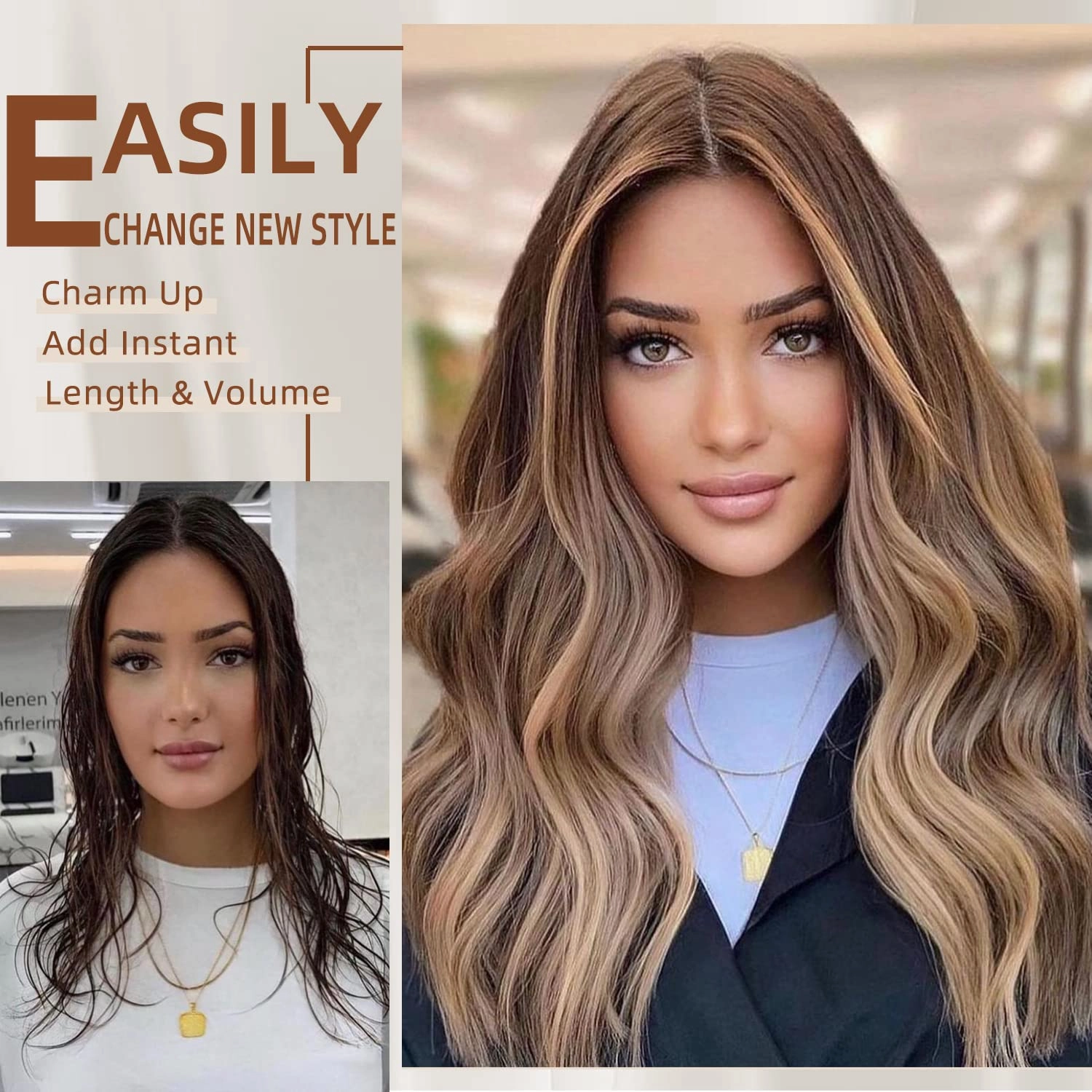 Highlight balayage dark brown Hairpieces, Natural & Blends Well Clip in Hair Extensions (16inch, 6pcs, Chocolate Brown&Honey Blonde)