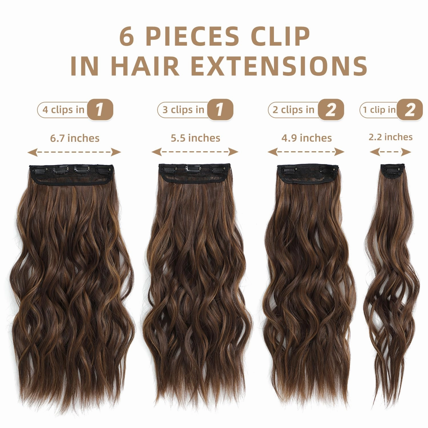 Highlight balayage dark brown Hairpieces, Natural & Blends Well Clip in Hair Extensions (20inch, 6pcs, Light Brown&Honey Blonde)