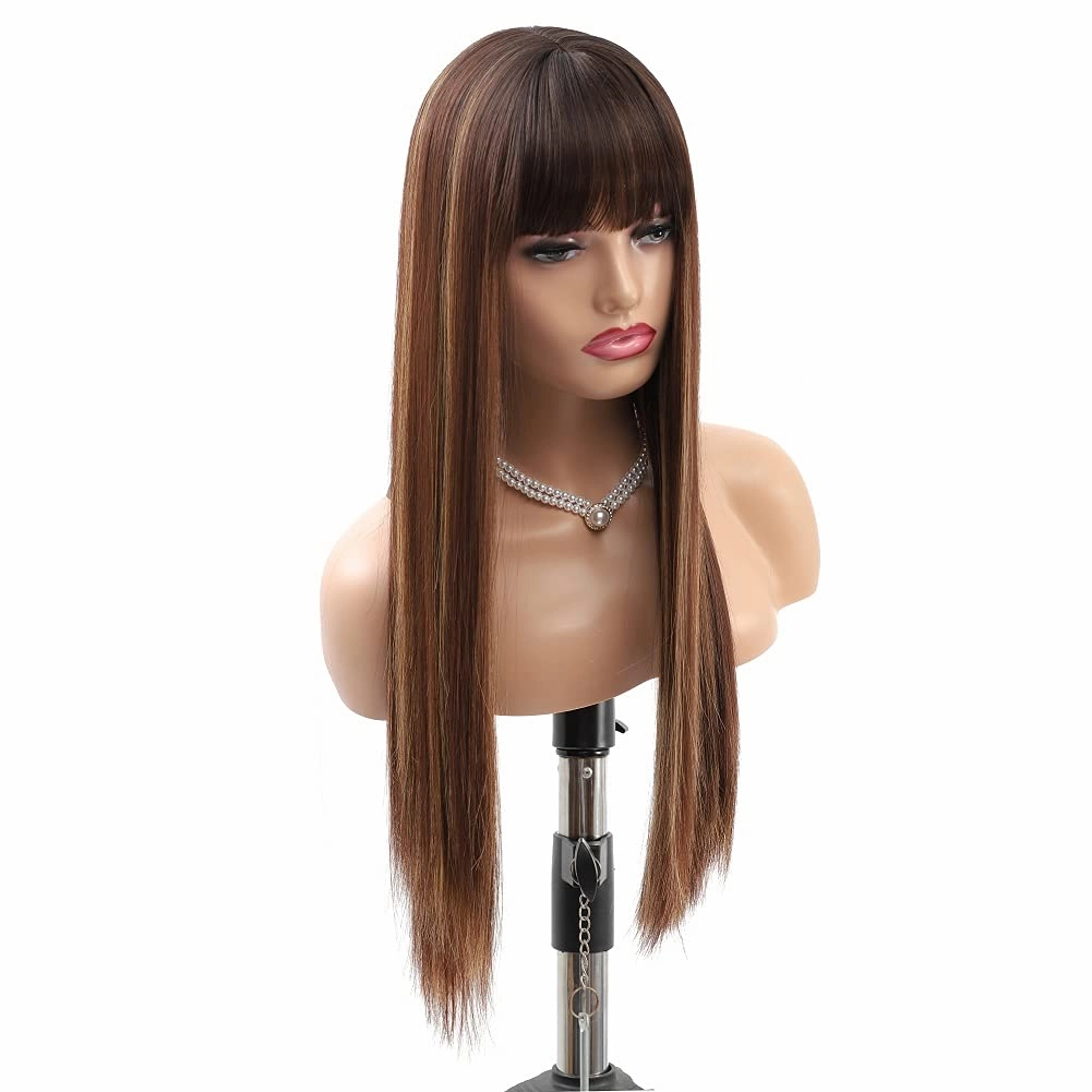 Highlight Blonde Wigs for Women Long Straight Wig with Bangs Natural Fashion Silky Soft Remy Hair Heat Resistant Fiber Synthetic Wigs Machine Made Glueless Wig Regular Everyday Realistic Full Wig 24''