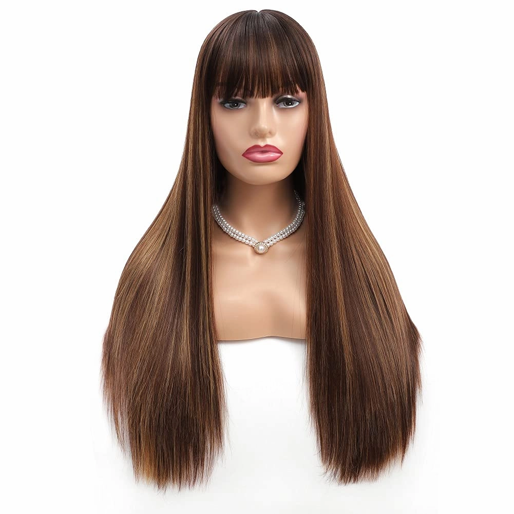 Highlight Blonde Wigs for Women Long Straight Wig with Bangs Natural Fashion Silky Soft Remy Hair Heat Resistant Fiber Synthetic Wigs Machine Made Glueless Wig Regular Everyday Realistic Full Wig 24''