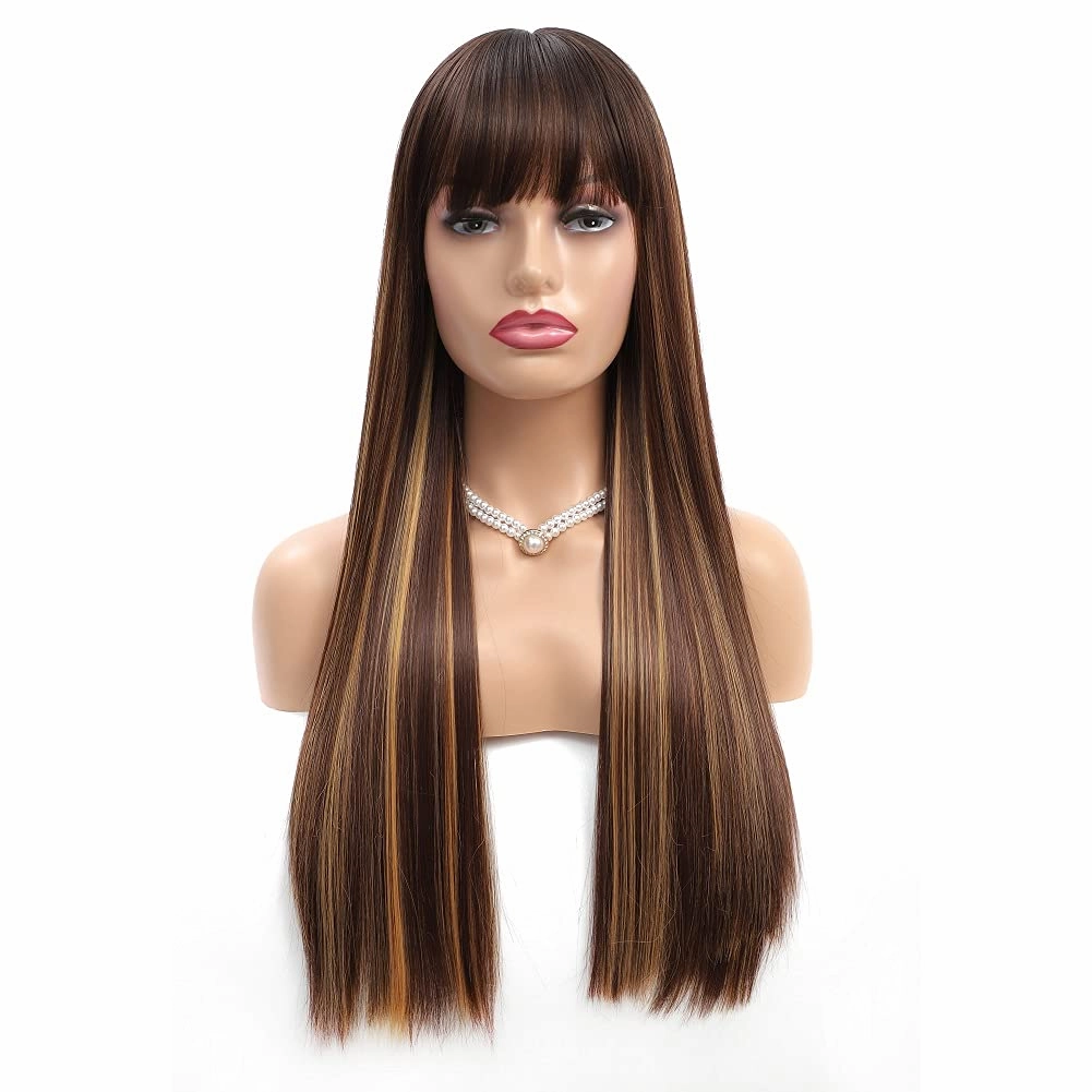 Highlight Blonde Wigs for Women Long Straight Wig with Bangs Natural Fashion Silky Soft Remy Hair Heat Resistant Fiber Synthetic Wigs Machine Made Glueless Wig Regular Everyday Realistic Full Wig 24''
