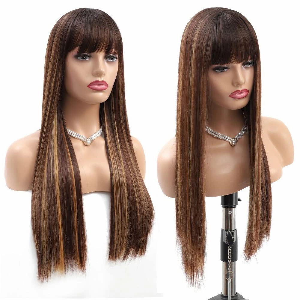 Highlight Blonde Wigs for Women Long Straight Wig with Bangs Natural Fashion Silky Soft Remy Hair Heat Resistant Fiber Synthetic Wigs Machine Made Glueless Wig Regular Everyday Realistic Full Wig 24''