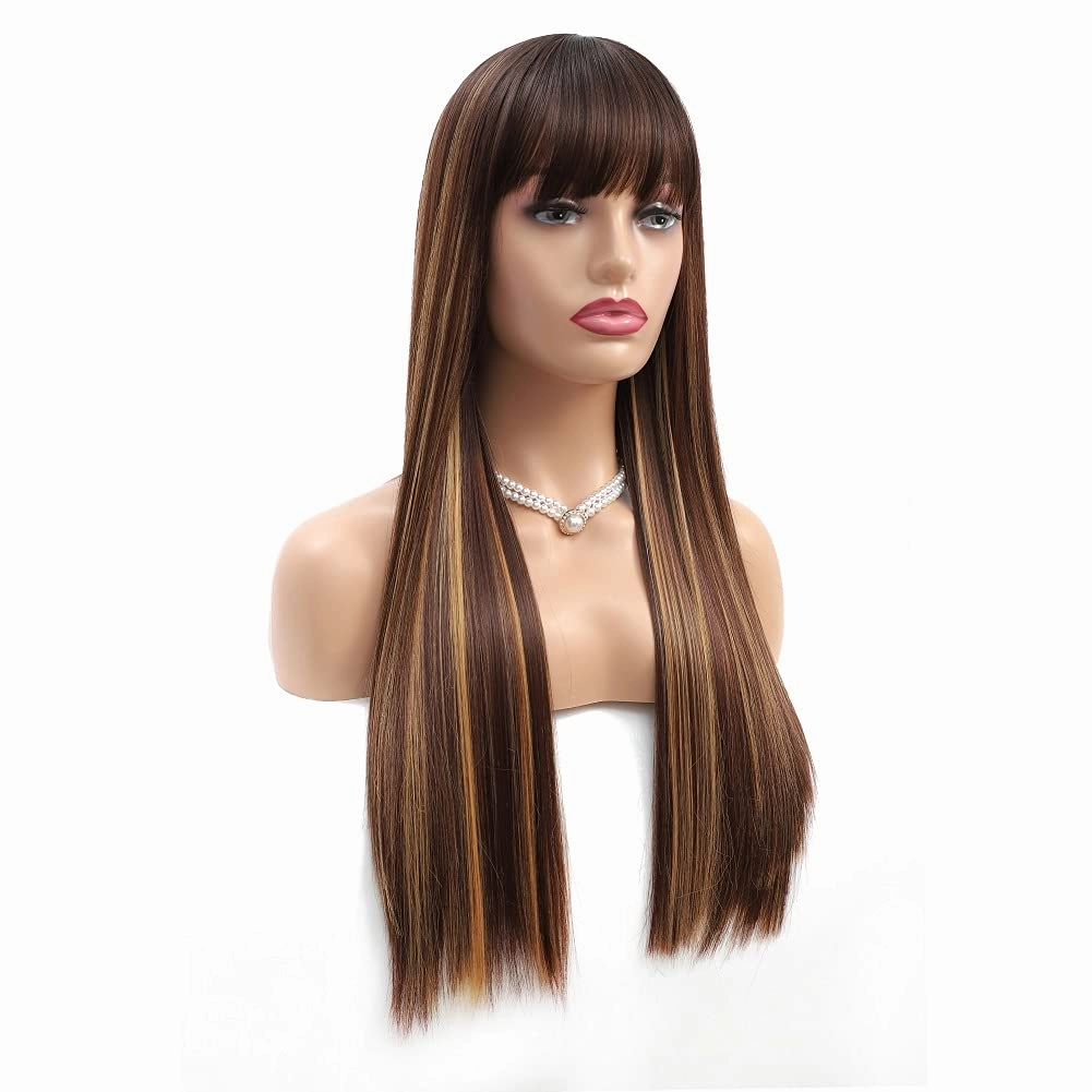 Highlight Blonde Wigs for Women Long Straight Wig with Bangs Natural Fashion Silky Soft Remy Hair Heat Resistant Fiber Synthetic Wigs Machine Made Glueless Wig Regular Everyday Realistic Full Wig 24''