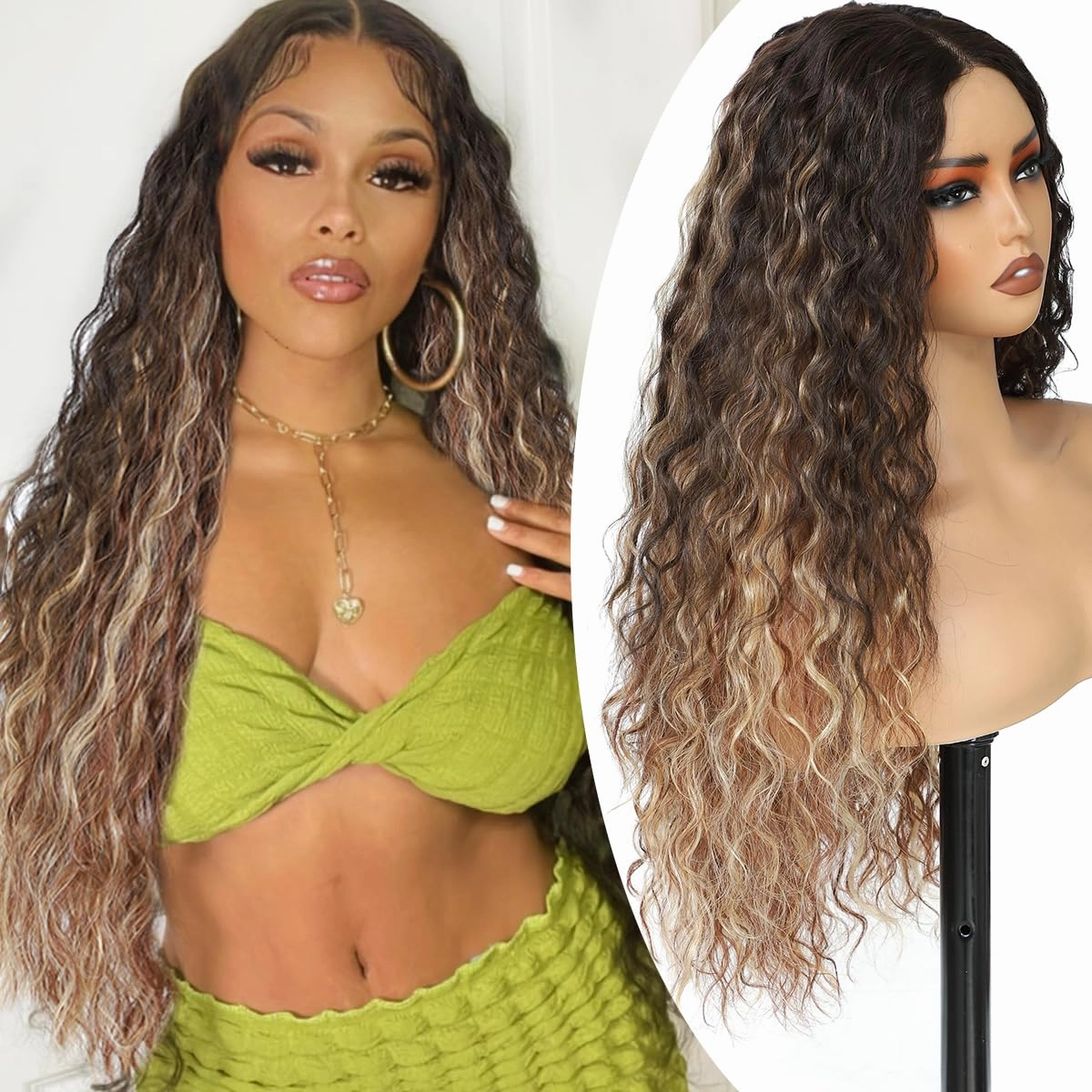 Highlight Ombre Curly Lace Front Wig, 26 Inch Deep Wave Wigs for Black Women, Curly Synthetic Wig Upgraded with Premium Human-Hair-Like Fiber (Highlight Ombre)