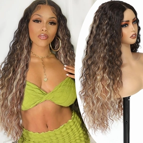 Highlight Ombre Curly Lace Front Wig, 26 Inch Deep Wave Wigs for Black Women, Curly Synthetic Wig Upgraded with Premium Human-Hair-Like Fiber (Highlight Ombre)