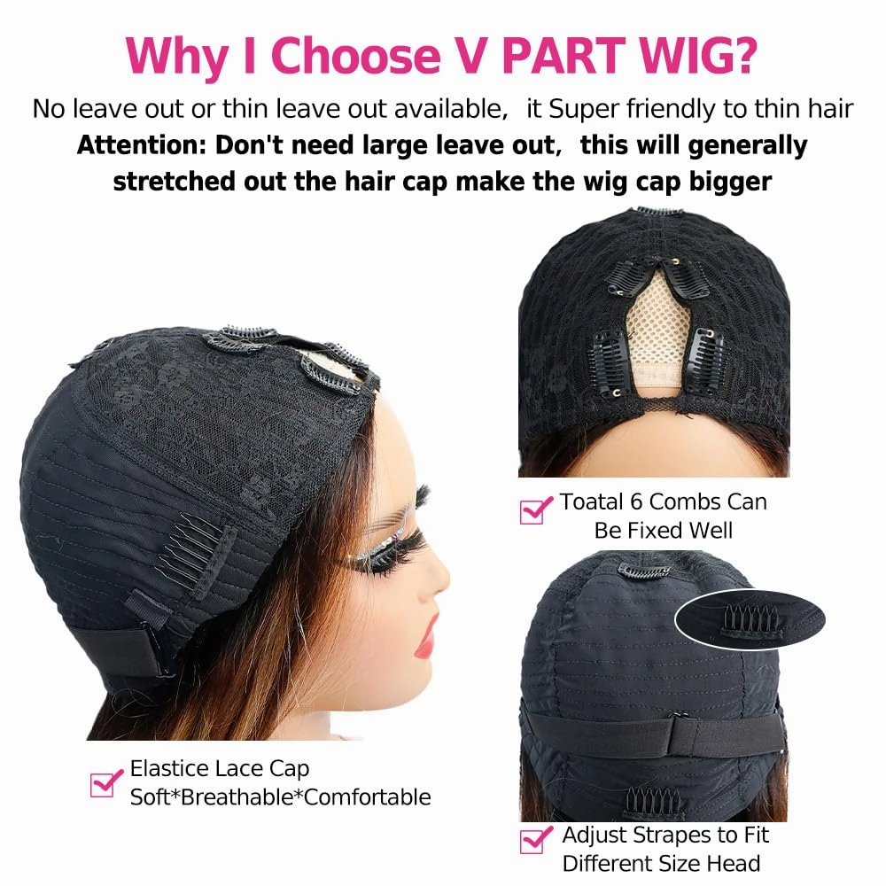 Highlight Ombre V Part Wigs Human Hair Straight Balayage Blonde V Part Human Hair Wigs 180% Density Glueless Full Head Clip In Half Wigs 22inch #T1BP4/27
