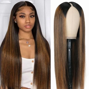 Highlight Ombre V Part Wigs Human Hair Straight Upgrade U Part Human Hair Wigs 180% Density Glueless Half Wig for Black Women 16inch FB30