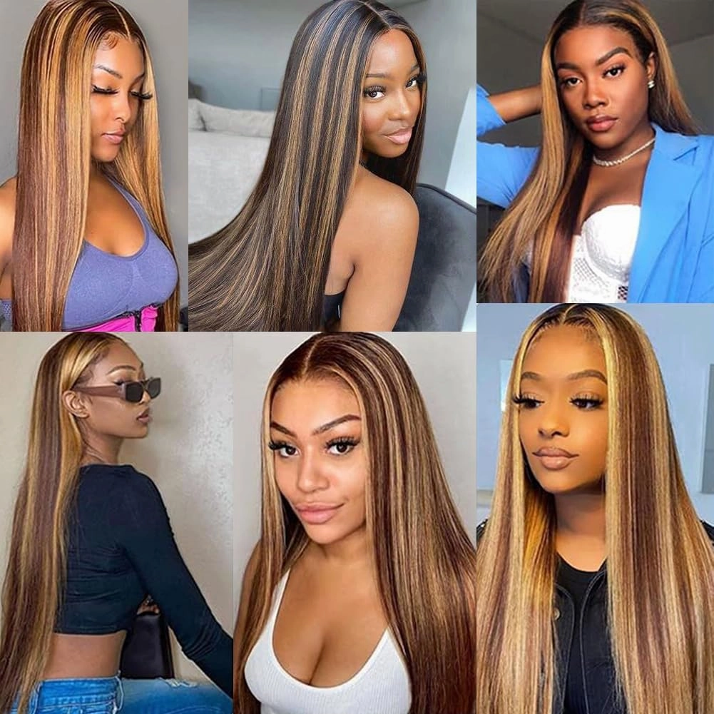 Highlight Ombre V Part Wigs Human Hair Straight Upgrade U Part Human Hair Wigs 180% Density Glueless Half Wig for Black Women 16inch FB30