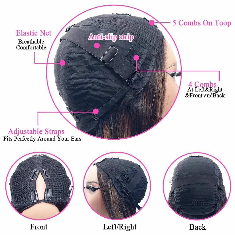 Highlight V Part Wigs Human Hair Straight Brazilian Virgin Human Hair Wigs Ombre Brown Upgrade U Part Wigs 180% Density Glueless Full Head Clip In Half Wigs 20inch #FB30