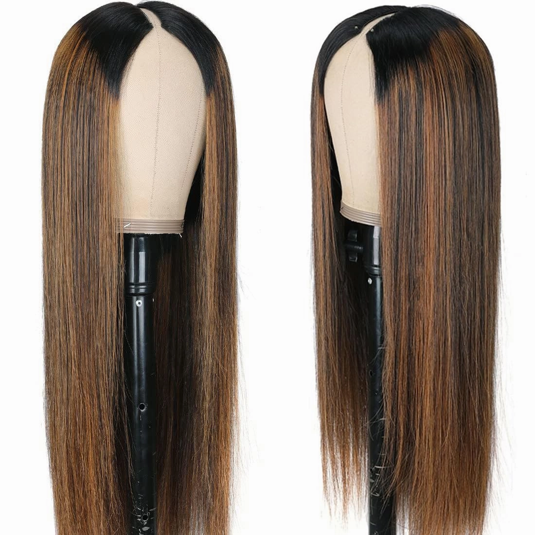 Highlight V Part Wigs Human Hair Straight Brazilian Virgin Human Hair Wigs Ombre Brown Upgrade U Part Wigs 180% Density Glueless Full Head Clip In Half Wigs 20inch #FB30