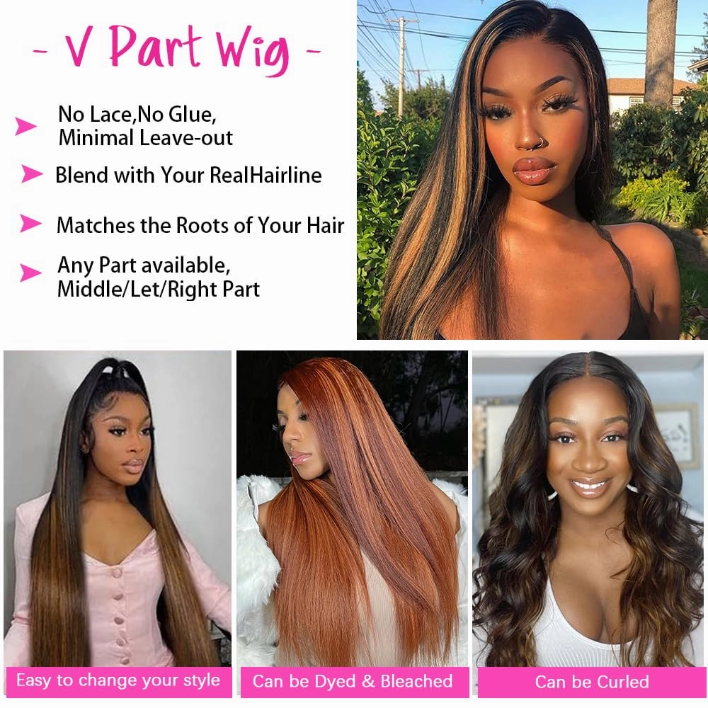 Highlight V Part Wigs Human Hair Straight Brazilian Virgin Human Hair Wigs Ombre Brown Upgrade U Part Wigs 180% Density Glueless Full Head Clip In Half Wigs 20inch #FB30
