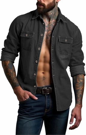 Hipster Denim Shirts for Men Big and Tall Roll up Long Sleeve Button Down Casual Dress Shirts Outdoor Lapel Solid
