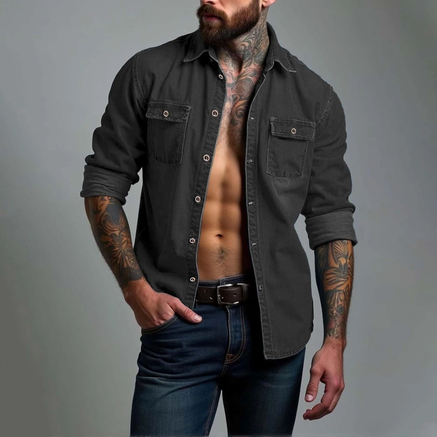 Hipster Denim Shirts for Men Big and Tall Roll up Long Sleeve Button Down Casual Dress Shirts Outdoor Lapel Solid