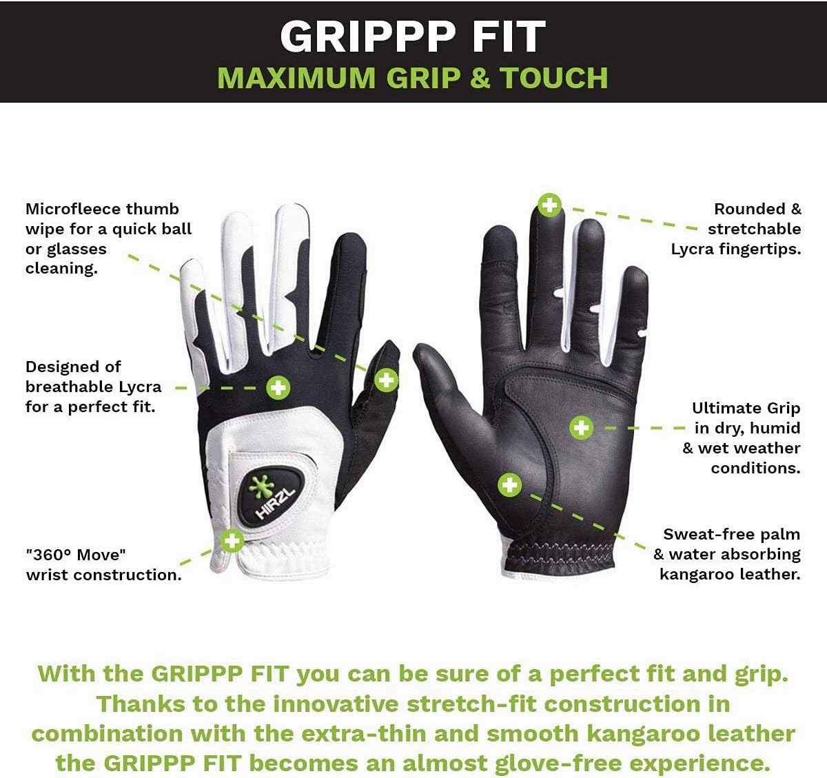 HIRZL GRIPPP FIT Ladies Golf Gloves – All Weather Womens Golf Glove (White/Black) | Kangaroo Leather & Lycra | Ultimate Grip/Wet or Dry | Breathable, Stretch Fit, Sweat Absorbent (Pack of 3)