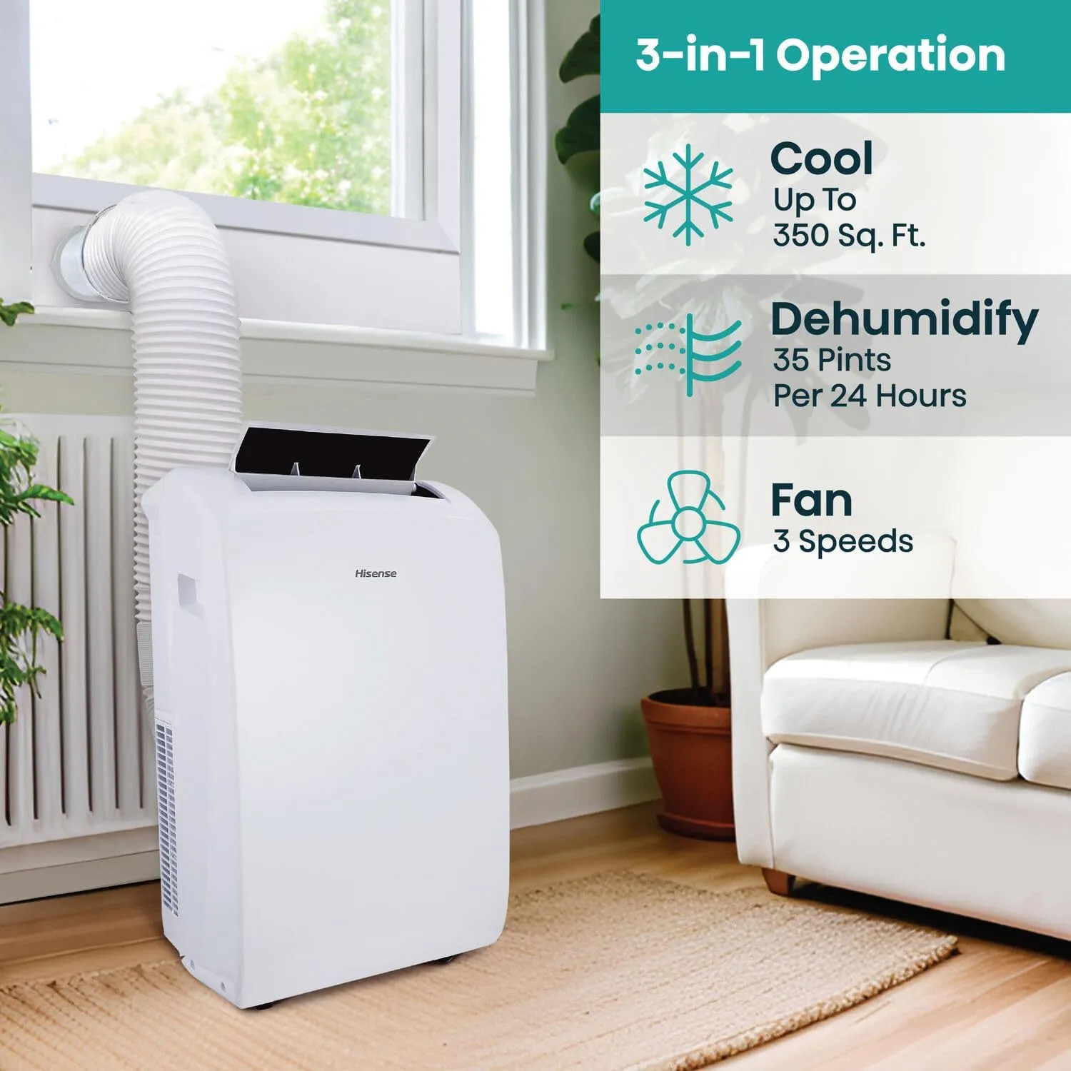 Hisense AHP0822CW1W 8,000 Smart Portable Air Conditioner with Wi-fi Controls, Dehumidifier and Remote, AC for Apartment, Bedroom, Medium Rooms up to 350 Square Feet in White, 8000 BTU